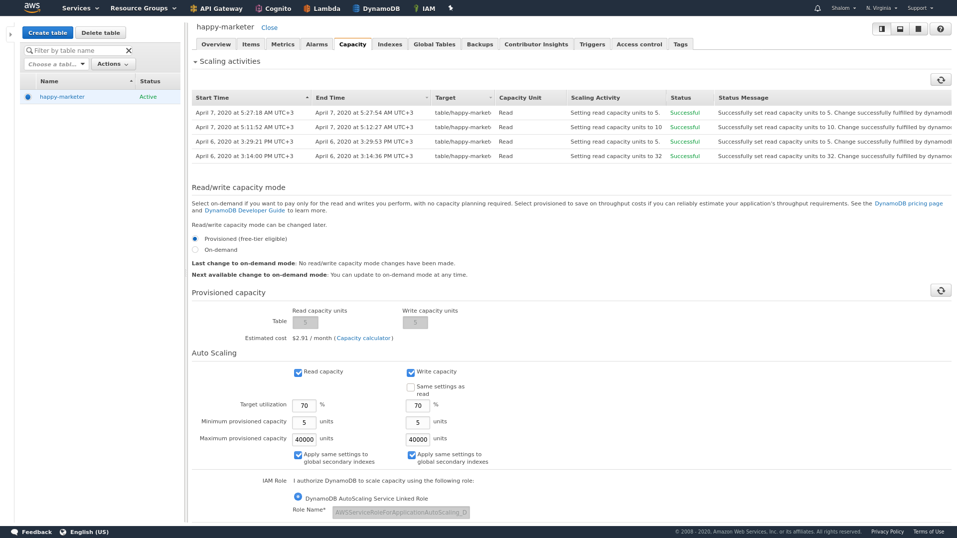 screenshot of Amazon DynamoDB